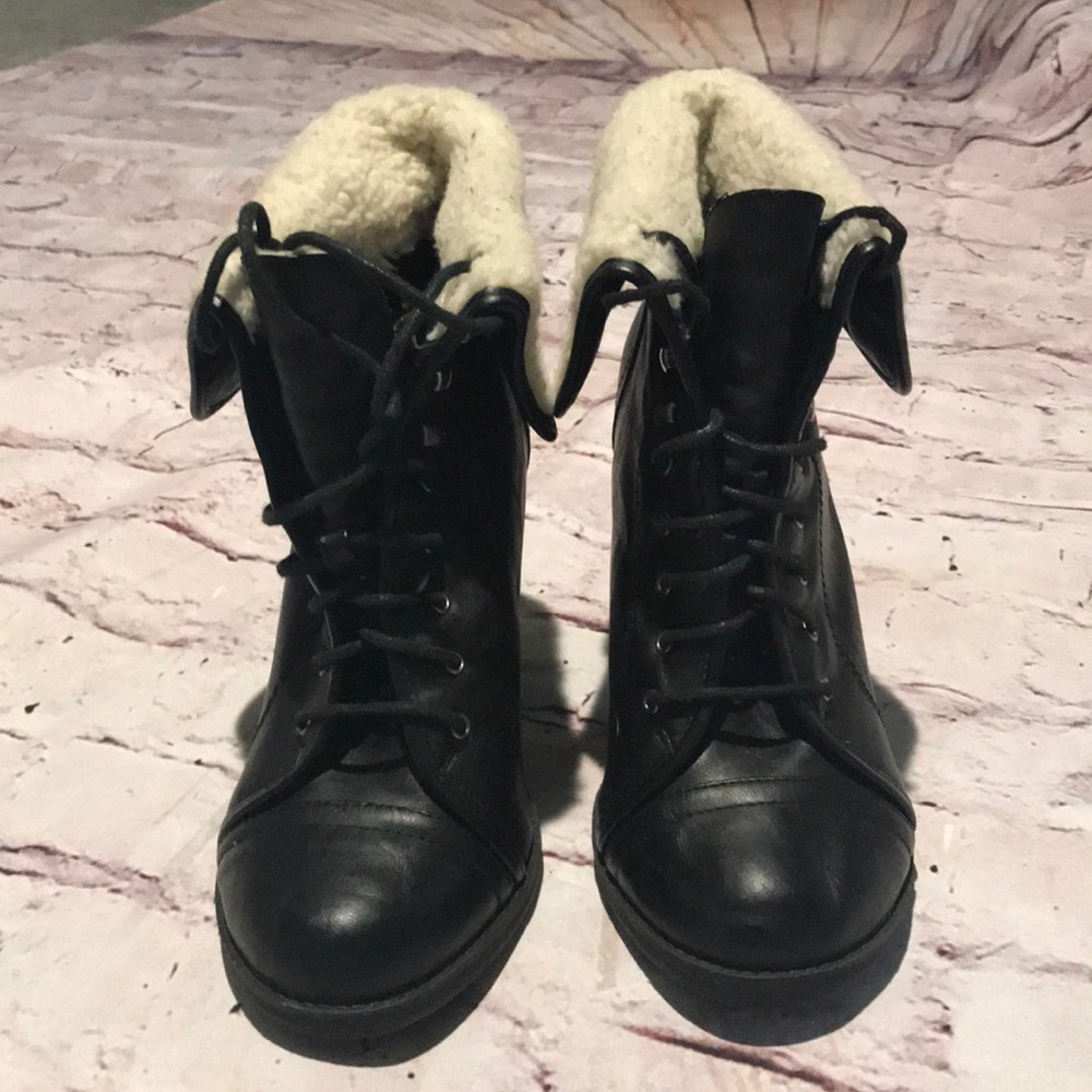 MIA lace-up booties, faux sheep wool at boot top